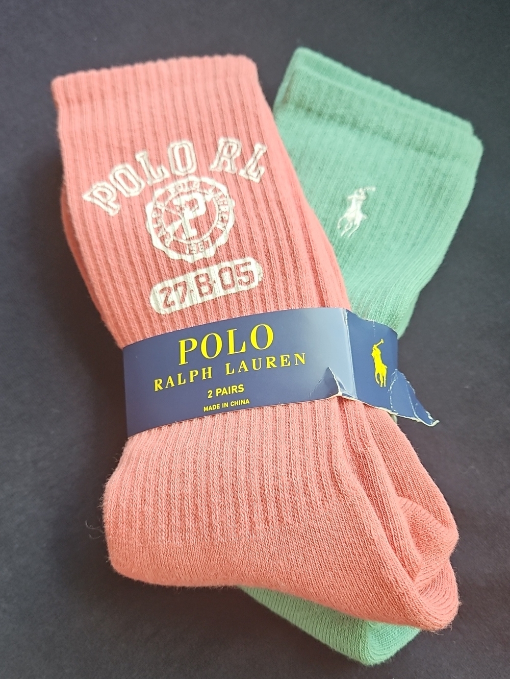 Polo by Ralph Lauren Crew Socks in Coral & Mint Green - 2 Pair, NWT